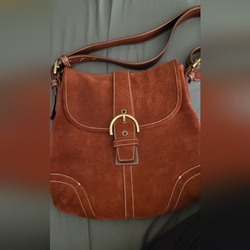 Coach Burgundy Suede Shoulder Bag with Gold Buckle